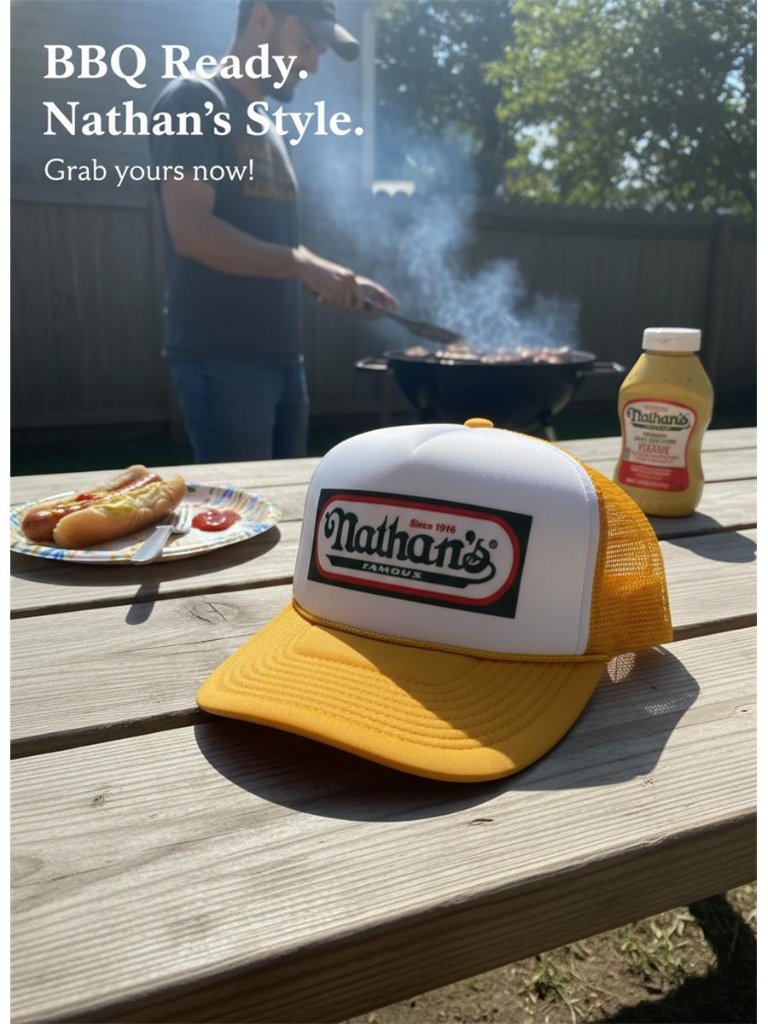 Nathan’s Famous Hat Foam Trucker Cap Hot Dogs Bbq Snapback Gold Yellow 70s New